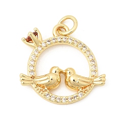Прозрачный Латунный кулон с микропаве из циркония, любовь птицы, с эмалью, золотые, прозрачные, 18.5x19x4.5 мм, отверстие : 3 мм