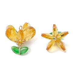 Золотистый Стеклянные подвески, цветочный шарм, с 304 петлями из нержавеющей стали и бусинами, граненые, золотые, 24x24x21.5 мм, отверстие : 3x2 мм