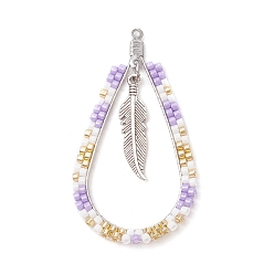 Сливовый Каплевидная подвеска из стеклянного бисера в стиле бохо с перьями, цвета нержавеющей стали 304 выводы из нержавеющей стали, слива, 52x29x2 мм, отверстие : 1.2 мм