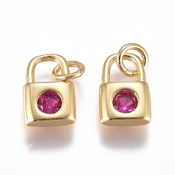 Hot Pink Brass Micro Pave Cubic Zirconia Charms, with Jump Ring, Long-Lasting Plated, Lock, Golden, Hot Pink, 8.5x6x2mm, Hole: 3mm