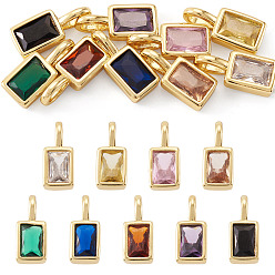 Mixed Color 9Pcs 9 Colors Rectangle Brass Micro Pave Cubic Zirconia Charms, Rack Plating, Long-Lasting Plated, Cadmium Free & Lead Free, Golden, Mixed Color, 12x5.5x4mm, Hole: 3.5x2mm, 1pc/color 