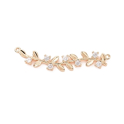Light Gold Латунные подвески из прозрачного кубического циркония, ссылки на оливковую ветвь, золотой свет, 8x35x2.5 мм, отверстие : 0.8 мм