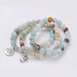 Amazonite Natural Amazonite Bead Stretch Charm Bracelets, Frosted, with Tibetan Alloy Pendants, Round, 2 inch(50mm), 3strands/set
