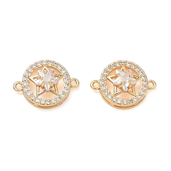 Plaqué 18K Or Véritable Breloques de connecteur en laiton micro pavé de zircone cubique transparente, rond plat avec maillons étoiles, réel 18 k plaqué or, 18.5x15.5x7.5mm, Trou: 1.2mm