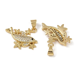 Dolphin Латунные микро проложить кубического циркония подвески, долговечный, без кадмия и без свинца, стойки покрытие, реальный 18 k позолоченный, дельфин, 16.5x21.5x3 мм, отверстие : 3x4.5 мм