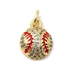 Красный Стойки обшивки латунные подвески, с кубического циркония и эмали, бейсбол прелести, долговечный, без свинца и без кадмия, с целью перехода в кольце, реальный 18 k позолоченный, красные, 12.5x10x5 мм, отверстие : 3.5 мм
