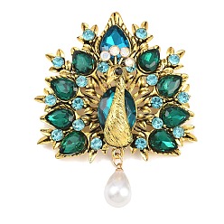 Античное Золото Броши из сплава павлиньего пера, со стразами и пластиковыми жемчужинами, значки для лацканов рюкзаков и одежды, античное золото , 71x55 мм