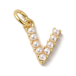 Letter V Стойка из латуни с подвесками из АБС-пластика с имитацией жемчуга, долговечный, без свинца и без кадмия, реальный 18 k позолоченный, Буква V, 10.5x8.5x3 мм, отверстие : 3 мм