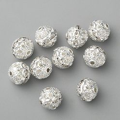 Clear Brass Rhinestone Beads, Grade A, Round, Silver Color Plated, Clear, Size: about 10mm in diameter, hole: 1.2mm