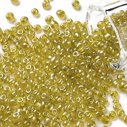 Yellow Glass Seed Beads, Trans. Colours Lustered, Round, Yellow, 4mm, Hole: 1.5mm, about 4500pcs/pound