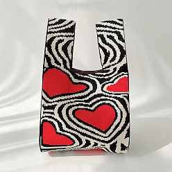 Black Polyester Heart Print Knitted Tote Bags, Cartoon Crochet Handbags for Women, Black, 36x20cm
