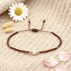 Кокосово-Коричневый Регулируемые браслеты из плетеного бисера и стеклянных бусин для женщин, с натуральным пресноводным жемчугом, кокосового коричневый, 11.02 дюйм (28 см)