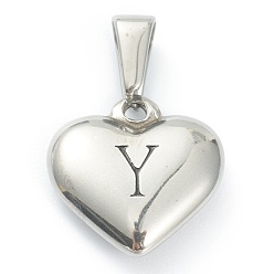 Letter Y 304 Stainless Steel Pendants, Heart with Black Letter, Stainless Steel Color, Letter.Y, 16x16x4.5mm, Hole: 7x3mm