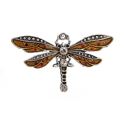Оранжевый Тибетском стиле сплава эмали подвески, со стразами, стрекоза, античное серебро, оранжевые, 42x72.5x5 мм, отверстие : 3 мм