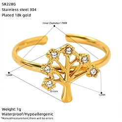 Arbre 304 Manchette ouverte en acier inoxydable ornée de strass, or, arbre, 17mm