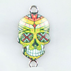 Yellow Cinco de Mayo Alloy Enamel Connector Charms, Sugar Skull Links, Platinum, Yellow, 26x14mm