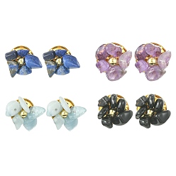 Mixed Stone Natural Mixed Gemstone Chips Beaded Flower Stud Earrings, Golden Brass Jewelry, 14~19x13~17mm