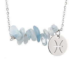 Рыбы Ожерелья с подвесками в виде созвездий и натурального аквамарина, 304 из нержавеющей стали Кабельные зажимы ожерелья, цвет нержавеющей стали, Рыбы, 16.93 дюйм (43 см)