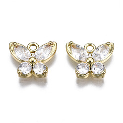 Doré  Breloques en zircone cubique transparente incrustée de laiton, papillon, or, 9.5x11x3mm, Trou: 1.4mm