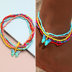 Светло-Голубой Комплекты многослойных браслетов на лодыжку из богемской смолы и стеклянных бусин, с подвесками в виде бабочек из сплава эмали, Небесно-голубой, 9-1/8 дюйм (230 мм), 5 шт / комплект