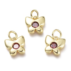 Red Brass Micro Pave Cubic Zirconia Pendants, with Jump Rings, Butterfly, Real 18K Gold Plated, Red, 9x10x2mm, Hole: 3.6mm