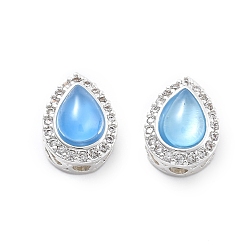 Серебро Латунные светло-голубые стеклянные каплевидные многорядные звенья, с четким кубического циркония, серебряные, 11x8x7 мм, отверстие : 1.8 мм