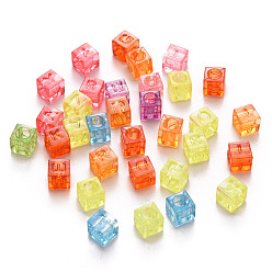 Mixed Color Transparent Acrylic Beads, Horizontal Hole, Cube with Mixed Initial Letters, Mixed Color, 6x6x6mm, Hole: 3mm, about 3800pcs/500g