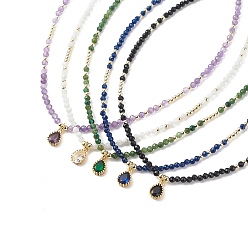 Couleur Mélangete Collier pendentif en forme de larme de zircone cubique avec des chaînes de perles de pierres précieuses naturelles pour les femmes, couleur mixte, 16.06 pouce (40.8 cm)