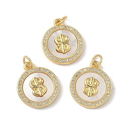 Настоящее золото 18K Латунь микропаве фианиты с подвесками-ракушками, плоский круглый знак доллара, долговечный, без свинца и без кадмия, стойки покрытие, с целью перехода в кольце, реальный 18 k позолоченный, 18x15.5x2.5 мм, отверстие : 3.5 мм