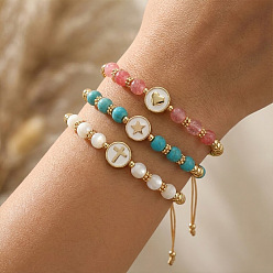 Синтетический Камень 3шт. минималистичные регулируемые браслеты из синтетической бирюзы, камня «арбуз» и бусин из натурального ракушечного стекла, плетеные из бусин., ювелирные изделия из латуни с эмалью для женщин, плоская круглая форма с изображением сердца, креста и звезды., с открытки, 11.02 дюйм (28 см)