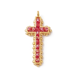 Красный Подвески гальванизируйте стекла, крест очарование, с шариками из сплава и семян, граненые, красные, 40x29x7 мм, отверстие : 1.8 мм