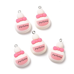 White Opaque Resin Pendants, with Platinum Tone Iron Loops. Bottle with Word Perfume, White, 29x20x9mm, Hole: 2mm