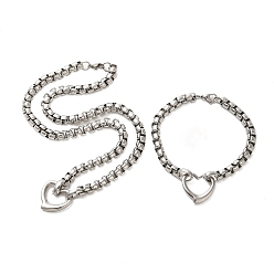 Нержавеющая Сталь Цвет 304 ожерелья и браслеты из нержавеющей стали с подвесками в форме сердца, 202 наборы ювелирных изделий из нержавеющей стали с цепочкой для женщин, цвет нержавеющей стали, 21.06 дюйм (535 мм)