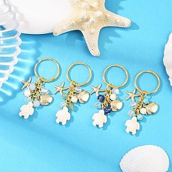 Смешанные камни 4 шт. 4 цвета серии Ocean: натуральный белый нефрит, лазурит, зеленый авантюрин, синтетическая бирюза, 304 брелок из нержавеющей стали в форме морской звезды и черепахи, с железными кольцами, золотые, 70 мм, 1 шт / цвет