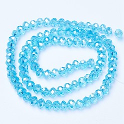 Cyan Electroplate Glass Beads Strands, AB Color Plated, Faceted, Rondelle, Cyan, 6x5mm, Hole: 1mm, about 85~88pcs/strand, 16.1~16.5 inch(41~42cm)