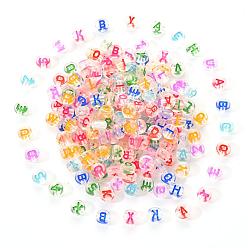 Mixed Color Transparent Clear Acrylic Beads, Horizontal Hole, Flat Round with Random Letter, Mixed Color, 7x4mm, Hole: 1.6mm, 200pcs/set
