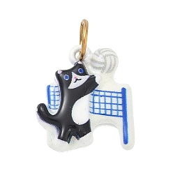 Black Printed 304 Stainless Steel Pendants, Cat Shape with Volleyball Charms, Golden, Black, 16x14x3mm, Hole: 4.5mm
