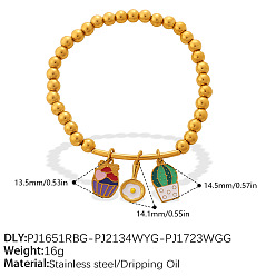 Cactus 304 Bracelets extensibles ronds à perles en acier inoxydable émaillé avec breloques pour femmes, or, colorées, cactus, 7.48 pouce (19 cm)