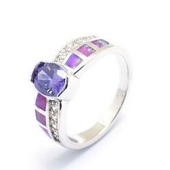 Platin Farbe Zirkonia Fingerringe, mit synthetischen Opal- und Messingbefunden, langlebig überzogen, ellipsenförmige, Größe 7, mauve, Platin Farbe, 17.5 mm