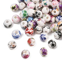 Mixed Color Printed Floral Printed Porcelain Beads, Flower Patterned Ceramic Round Beads with Flower Pattern, Mixed Color, 6x6mm, Hole: 2~2.5mm