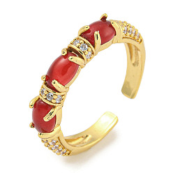 Красный Овальные кольца-манжеты из латуни с микро-паве и кубическим цирконием для женщин, без кадмия и без свинца, долговечный, реальный 18 k позолоченный, красные, 4.4 мм, регулируемый