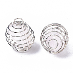 Rose Quartz Iron Wrap-around Spiral Bead Cage Pendants, with Natural Rose Quartz Beads inside, Round, Platinum, 21x24~26mm, Hole: 5mm