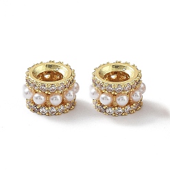 Настоящее золото 18K Реечное покрытие латунь микро паве кубический цирконий европейские бусины, с пластиковой имитационной жемчужиной, без кадмия и без свинца, долговечный, бусины с большим отверстием, колонка, реальный 18 k позолоченный, 9x5.5 мм, отверстие : 4 мм