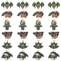 Bat 24Pcs 6 Styles Halloween Alloy Enamel Pendants, Light Gold, Bat Charms, Bat, 18.5~28x21~28x1~1.5mm, Hole: 1.5~2mm, 4pcs/style