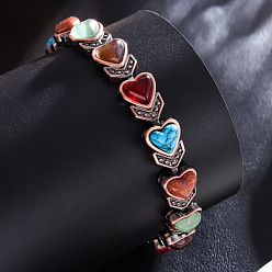 Сердце Браслеты-цепочки из цинкового сплава, синтетической бирюзы, натурального обсидиана, синтетического авантюрина и кошачьего глаза, с магнитной застежкой, Красная медь, сердце, 7-5/8 дюйм (19.5 см)