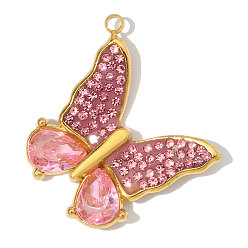 Pink 304 подвески из нержавеющей стали с эмалью и стразами, ионное покрытие (ip), бабочки прелести, ручная полировка, реальный 18 k позолоченный, розовые, 25x23 мм, отверстие : 1.4 мм