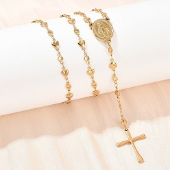 Золотой 201 шарик ожерелья из нержавеющей стали четки, Цепочка-подвеска в форме сердца с девственным крестом и застежкой из нержавеющей стали, ионное покрытие (ip), золотые, 304 дюйм (24.21 см)