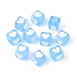 Светло-Голубой Прозрачные акриловые бусины, окрашенные спреем, Куб с сердцем, Небесно-голубой, 7x6.5x6.5 мм, отверстие : 3.8~4 мм, Около 2270 шт / 500 г