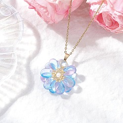Васильковый Стекло ожерелья шкентеля, с бусинами из ракушек и 304 цепочкой из нержавеющей стали, ожерелье для женщин, цветок, васильковый, 17.68 дюйм (44.9 см)