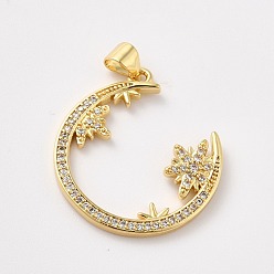 Прозрачный Стойка металлическая латунная микропрофилированная кубическая циркония подвески, без кадмия и без свинца, реальный 18 k позолоченный, Луна и звезды, прозрачные, 25x22.5x3 мм, отверстие : 4x3.5 мм